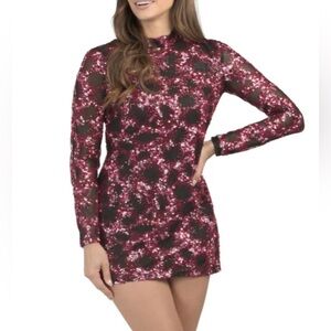 New BCBGMaxAzria Elegant Black & Red Sequin Long Sleeve Mock Neck Dress Sz‎ 2